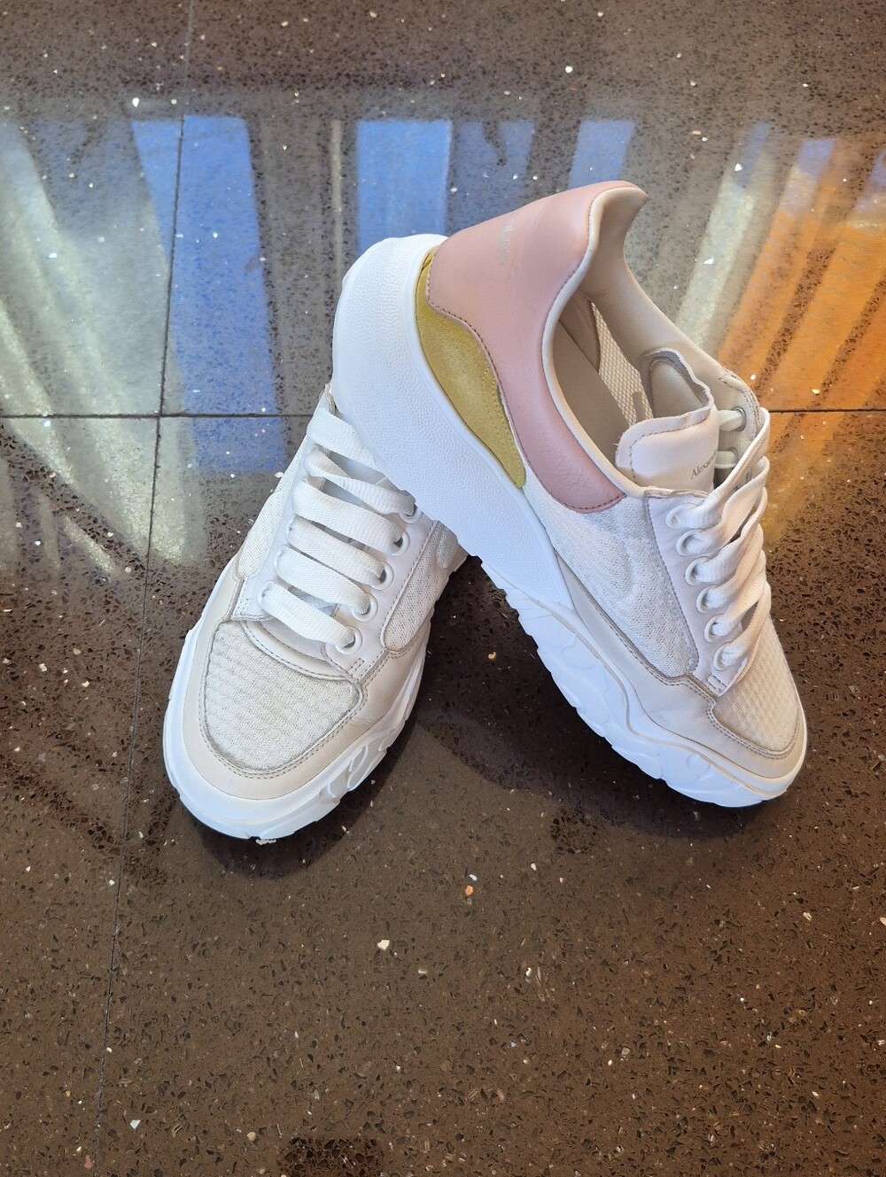 Alexander McQueen White Sneakers with Pink Heel and Gold Accent